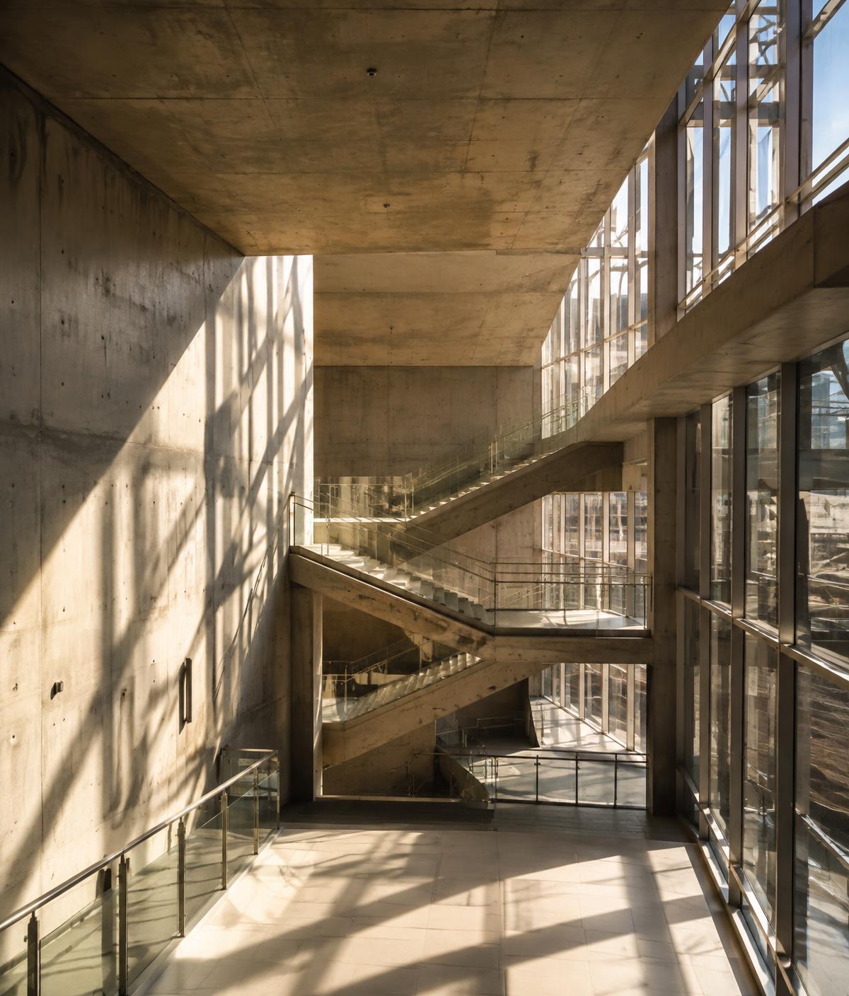 Sunlit concrete atrium with layered staircases, suggesting structure and deliberate design