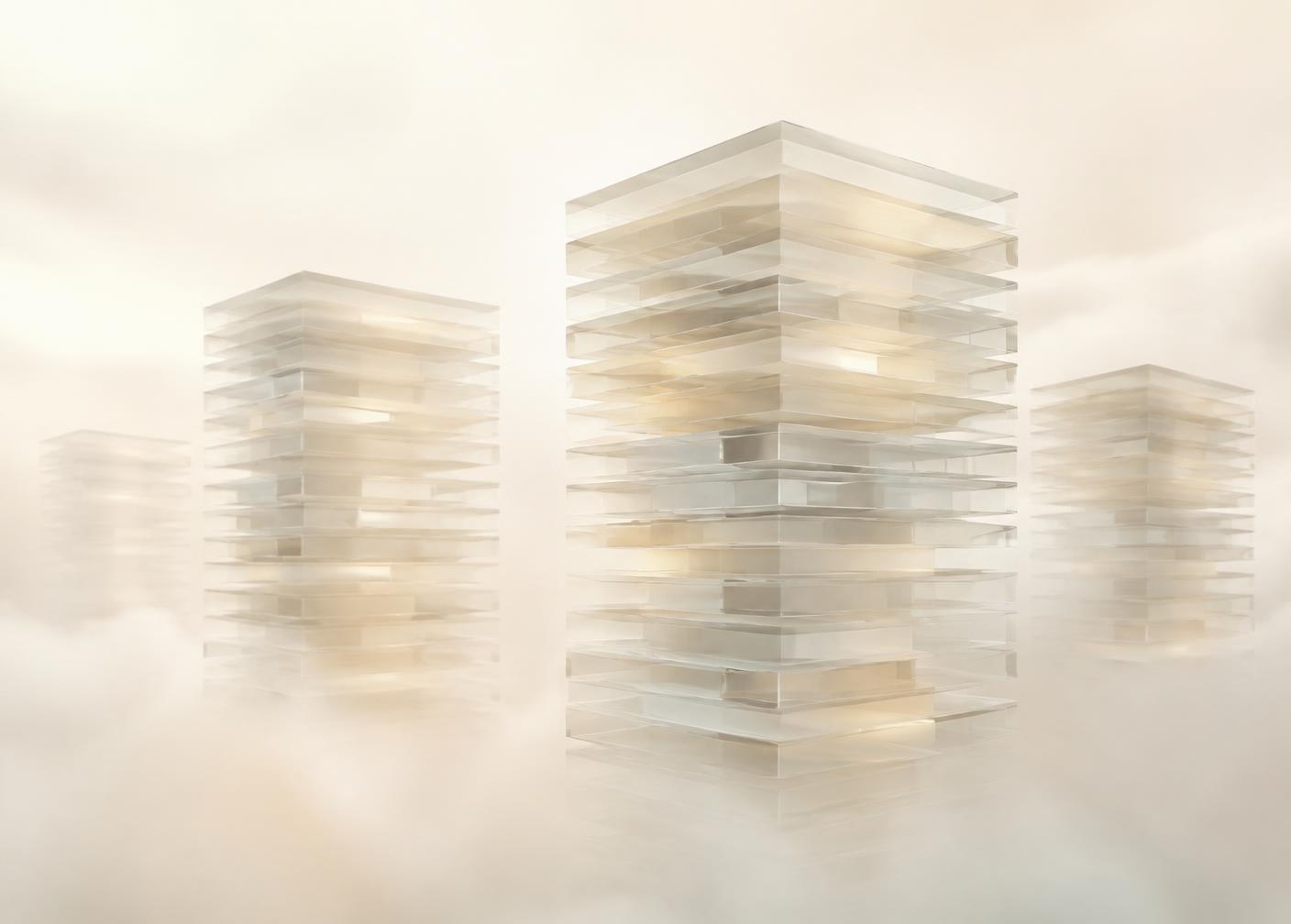 Layered glass towers in ivory fog, evoking stacked cloud infrastructure