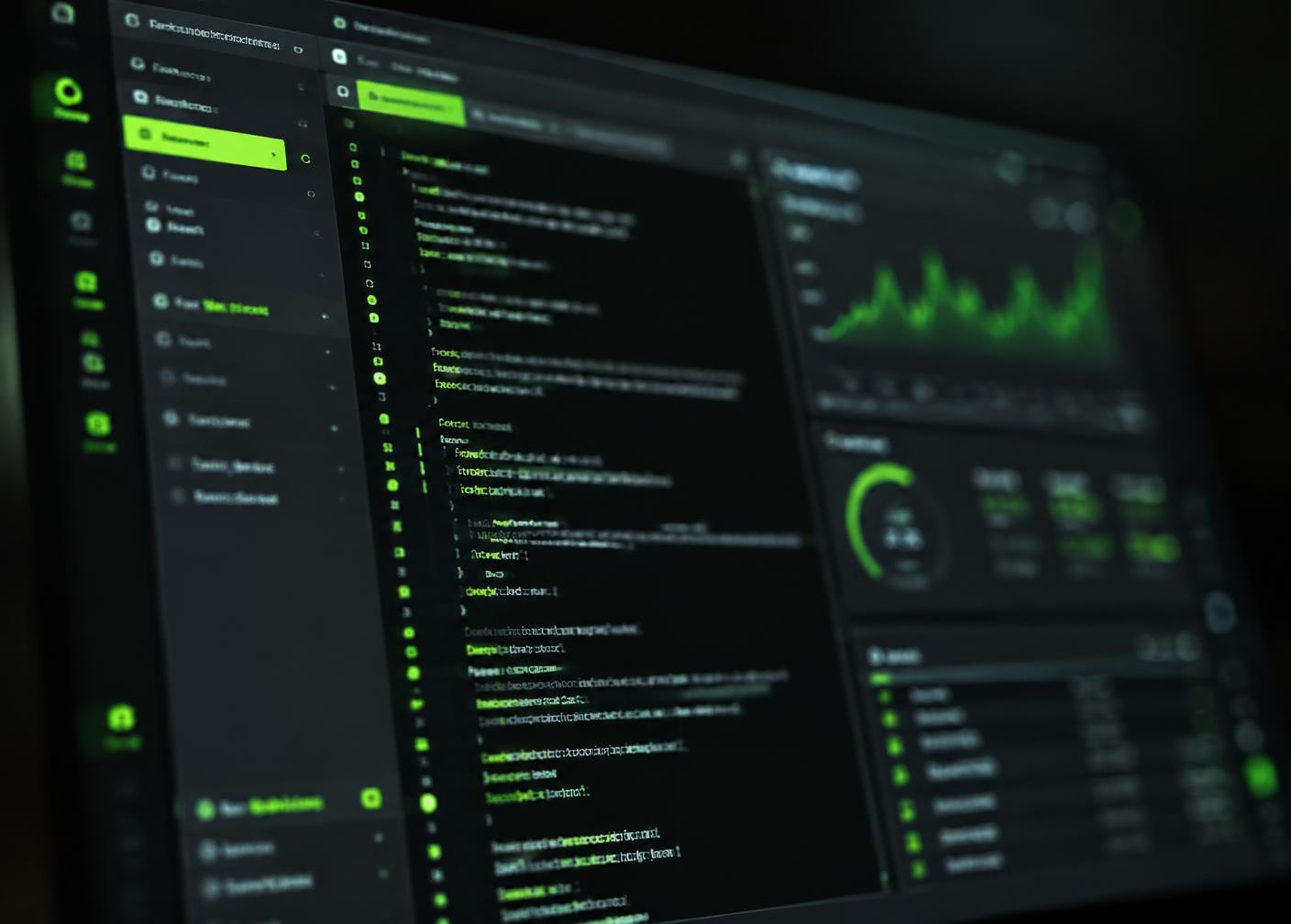Software interface with code panel and analytics dashboard in lime and graphite