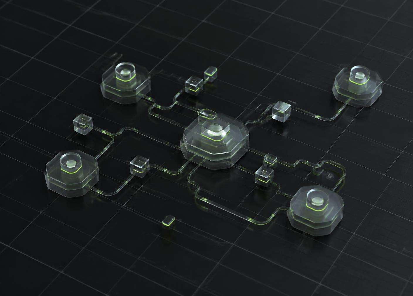 Interconnected translucent system nodes linked by lime data paths